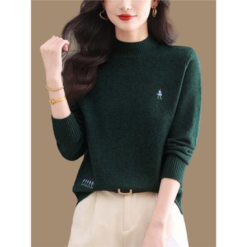 短款刺繡毛衣女秋冬季內搭羊毛上衣2025新款半高領保暖針織打底衫