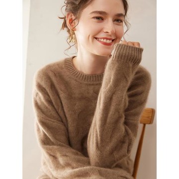 重磅羊絨衫女圓領加厚2025新款絞花寬松針織慵懶風套頭外穿毛衣