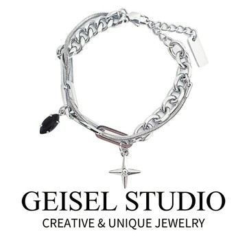 【GEISEL】十字星黑鑽古巴鍊 鈦鋼手鍊 拼接鍊 中性手鍊 古巴手鍊 個性手鍊 (C-021)
