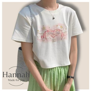 天使浪漫愛心圖案小T【9340】春夏新款韓系INS休閒百搭短袖上衣 短袖T恤 合身T Hannah