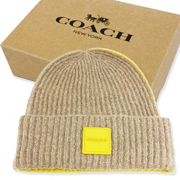 COACH 方標LOGO羊毛毛帽附禮盒(灰棕/芥末黃)