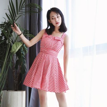 自制出品2018 復古裙 格子吊帶連衣裙收腰顯瘦蓬蓬裙 吊帶連衣裙