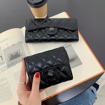 2023新款韓版山茶花小錢包女短款小香風菱格折疊多卡位長款手拿包