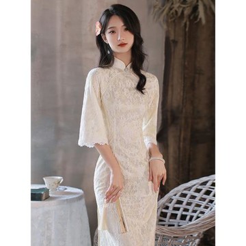 改良蕾絲花邊旗袍2025年春季新款淑女七分袖日常年輕款少女連衣裙
