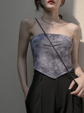 一字領抹胸背心露肩性感短款扎染網面雙層無袖上衣女