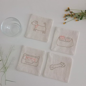 Dog coaster set 4 PCS hand embroidered 100% cotton fabric