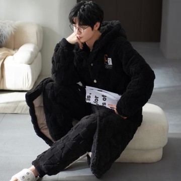珊瑚絨睡衣男冬季加厚加絨三層夾棉睡袍長款保暖法蘭絨家居服套裝