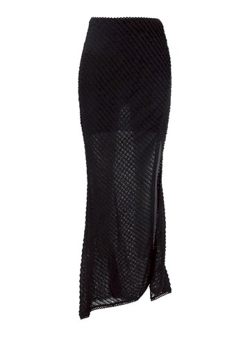 'Erin' Black Long Skirt With Side Single Slit And All-Over Embroidery In Tech Fabric Woman