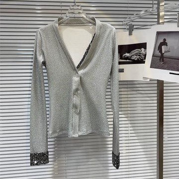 網紅同款2025秋季新款亮片拼接邊V領設計氣質名媛小衫V領短外套女