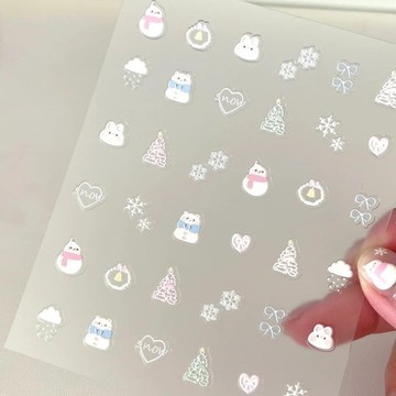 💗台灣出貨💗ins冬日雪景簡約風手繪可愛貓狗5D浮雕美甲貼紙指甲貼背膠貼手帳