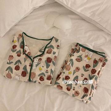 郁金香兔子可愛睡衣女春秋季新款帶胸墊長袖純棉網紅風家居服套裝