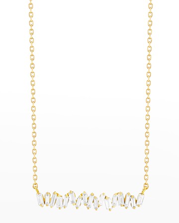 18k Yellow Gold Classic Fireworks Bar Necklace with Diamond Baguettes