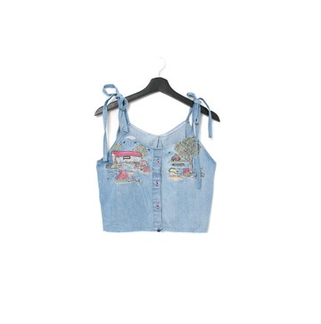 Back to Green-再製綁帶丹寧刺繡 紅頂房屋與大樹 dv-11 vintage