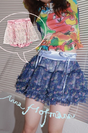 雙色小狗印花蓬蓬紗裙褲蝴蝶結織帶甜美