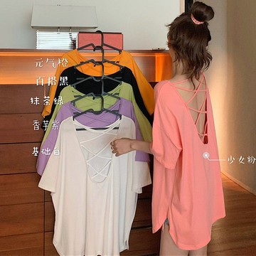 Chubchic~ 特大碼150kg交叉露背短袖T卹女胖mm寬鬆ins韓版小性感顯瘦上衣潮