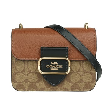 COACH Morgan 方形馬車標誌塗層帆布及皮革二用包/卡其色/磚紅色