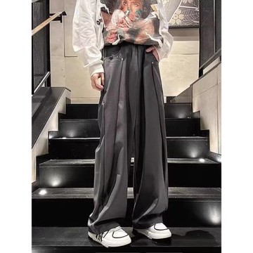 美式復古西裝褲子男春秋新款高街痞帥垂感闊腿褲寬松直筒休閑西褲