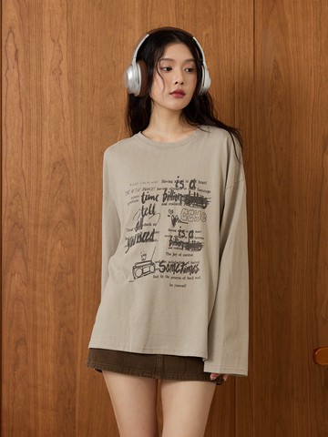 拼圖文字排版薄長袖上衣