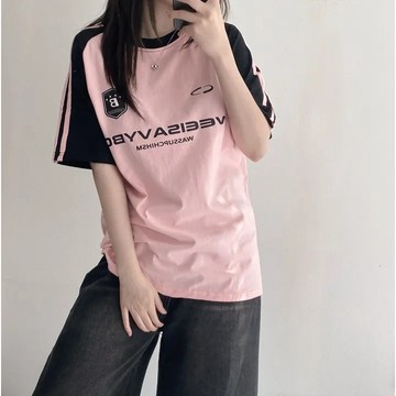 Vuja de 純棉 t恤 拼接上衣女 圖案印花 T恤 韓國上衣 oversize T恤 寬鬆上衣 ins風 潮流衣服