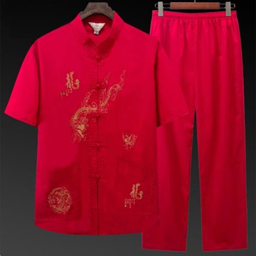 中國風夏季唐裝男短袖中老年男士寬松紅色演出服裝爸爸男裝套裝男