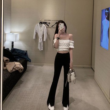 【秘密衣櫥】韓版開叉高腰百搭直筒褲子