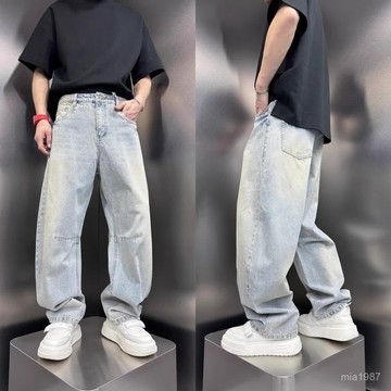 春夏複古水洗做舊漸變牛仔褲寬鬆直筒褲男士痞帥美式休閒彎刀褲子