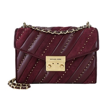MICHAEL KORS ROSE小香風拼接絨布鉚釘肩/斜兩用包-中/酒紅 _廠商直送