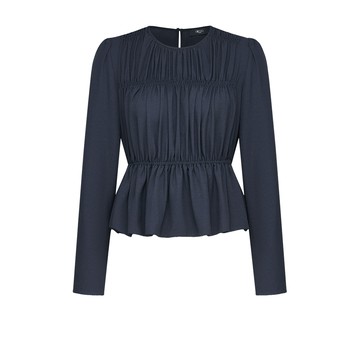 抽褶縮皺絲光長袖休閒上衣/深藍色 | 5624105079