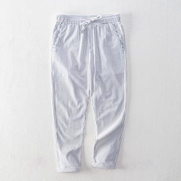 夏季薄款男褲九分褲潮百搭豎條紋棉麻褲直筒寬松緊腰系帶休閑褲子