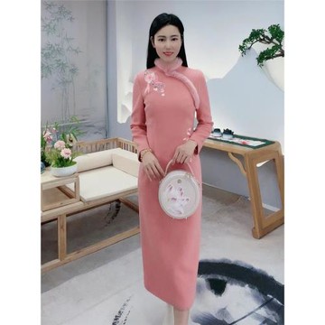 滸城古娘新款綿羊毛刺繡優雅長袖新中式國風改良旗袍連衣裙女春秋