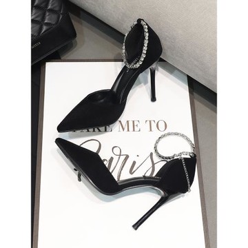 2025年春新款性感百搭高跟鞋女尖頭細跟金屬水鉆中空一字帶單鞋女