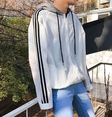 FINDSENSE品牌 時尚潮流 男 寬鬆 條紋貼布 三線 拼色 拉鏈連帽薄款外套 風衣 防曬衣