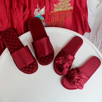 夏季蝴蝶結新娘拖鞋女防滑居家伴娘團韓版綢緞晨袍結婚紅色拖鞋男