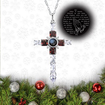 微雕客製內容 銀河十字架 項鍊-柘榴石紅