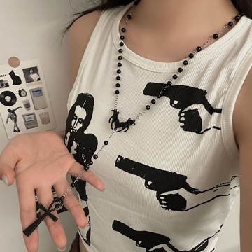 【台灣公司 可打統編】免運 暗黑復古風黑色串珠十字架吊墜項鏈女ins風百搭鎖骨鏈飾品女配飾 可開發票 全館五折 工廠現貨直銷 新品特價 z9211