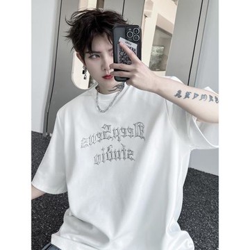 美式潮牌夏季寬松墊肩高級感小眾金屬亮片字母印花短袖T恤半袖男