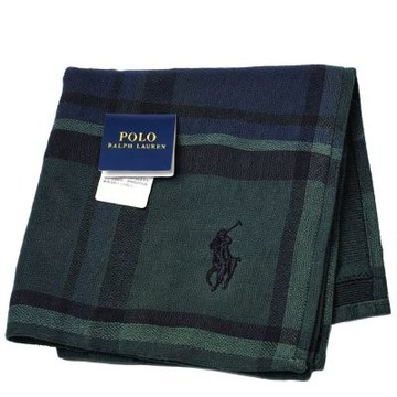 RALPH LAUREN POLO 綠色格紋黑馬球圖騰雙面小方巾(25.5CM)
