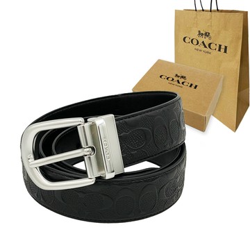 COACH 浮雕C LOGO馬蹄釦環男款寬版皮帶禮盒+紙袋(黑)