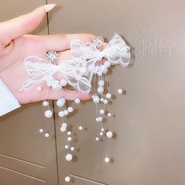 925銀針夸張個性潮珍珠鑲鉆蕾絲蝴蝶結耳環長款耳墜氣質耳飾