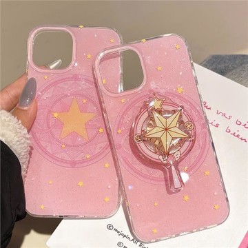 粉色之星魔法陣旋轉支架適用iphone16pro手機殼蘋果17新款15創意14pro女款13超火15promax雙層閃粉防摔保護套