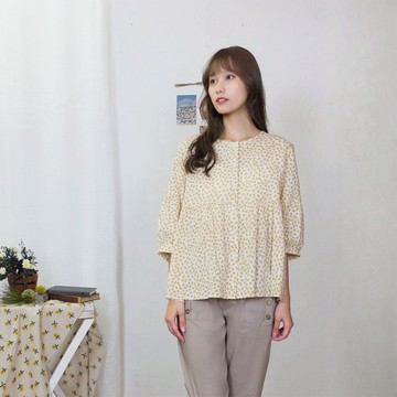 花木馬日系女裝清新甜美七分泡袖圓領碎花A襬上衣
