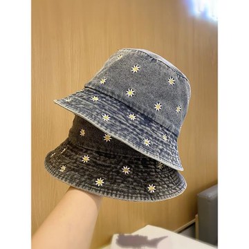 春夏帽子女可折疊刺繡花朵牛仔漁夫帽女潮復古做舊百搭顯臉小盆帽