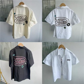 2Q-13字母刺繡翻領短袖襯衫紐扣隨性日常通勤設計感上衣J25-5