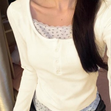 德絨假兩件長袖T恤女帶胸墊碎花蕾絲拼接秋冬內搭修身上衣打底衫