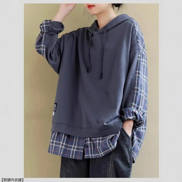 秋季文藝假兩件拼接格子衛衣女ins連帽女韓版寬鬆大碼女裝