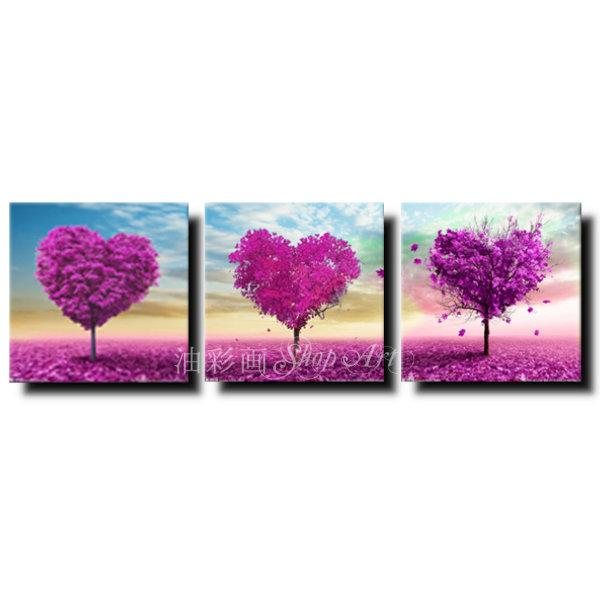 絵画　壁掛け　風景　花　モダン　アートパネル　インテリア　手書きの油彩画　３枚セット　紫のハートの木　Ｌサイズ