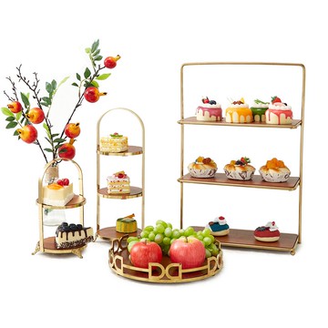 新中式下午茶歇擺臺件蛋糕點心托盤甜品臺展示架三層冷餐宴會金色