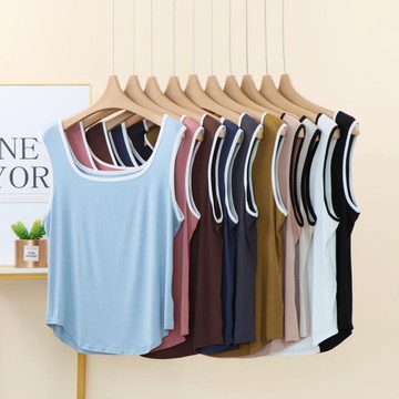 胖胖美依 上衣 吊帶 背心  M-2XL百搭夏莫代爾方領吊帶背心女修身顯瘦內搭拼色打底衫無袖上衣-6674.
