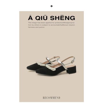 羊皮版~法式包頭涼鞋女2025年新款珍珠一字式扣帶粗跟瑪麗珍單鞋