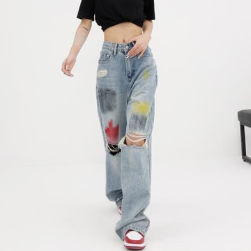 High waisted pierced denim wide leg pants 高腰破洞牛仔闊腿褲